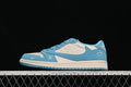 Side view of a light blue and off-white low-top sneaker with patterned side panels.