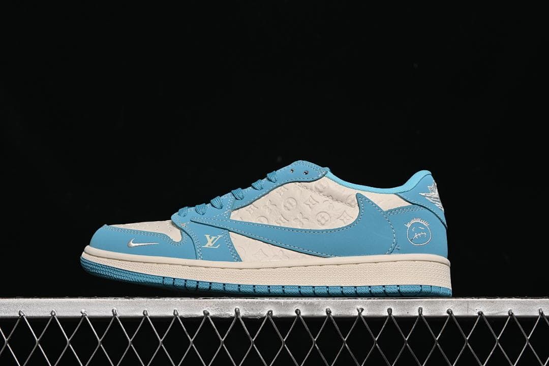 Side view of a light blue and off-white low-top sneaker with patterned side panels.