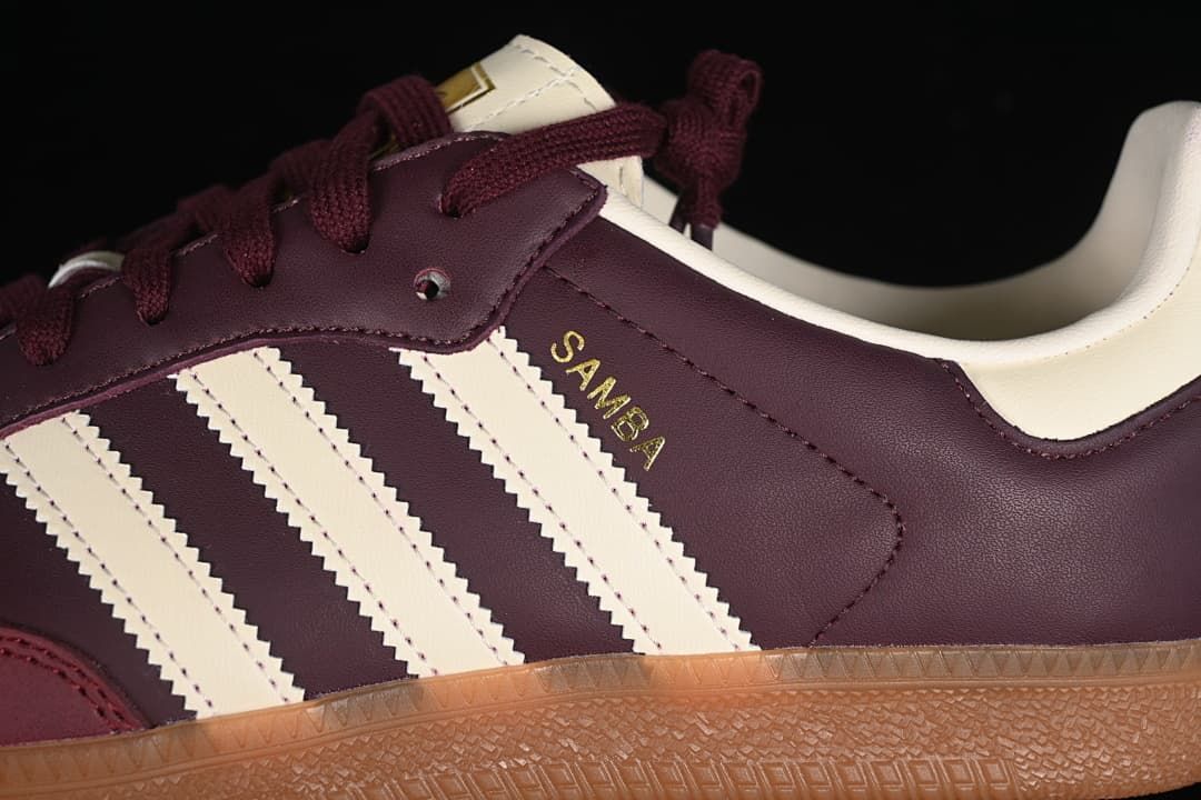 Close-up of the side stripes, Samba branding, burgundy laces, and gum sole
