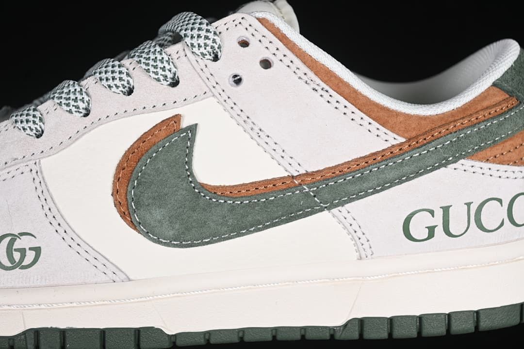 Close-up of the dark green Swoosh and brown accent panels
