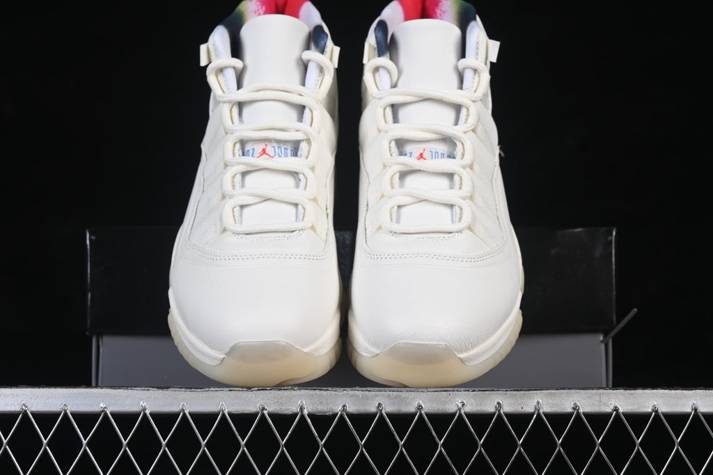 Front view of a pair of white high-top sneakers with multicolor collar details.