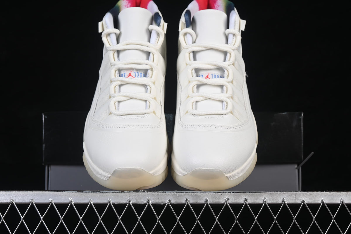 Front view of a pair of white high-top sneakers with multicolor collar details.
