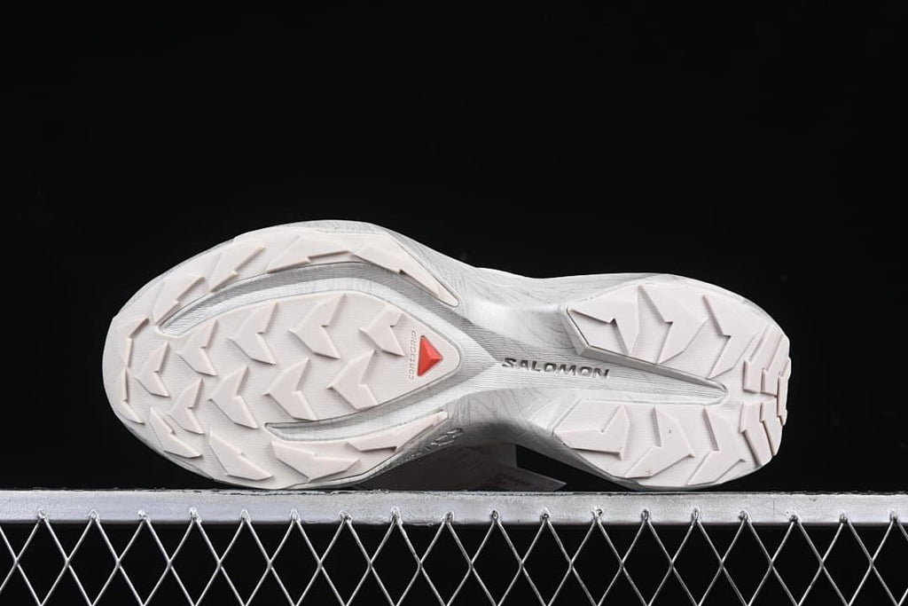 Underside view of the patterned trail shoe outsole
