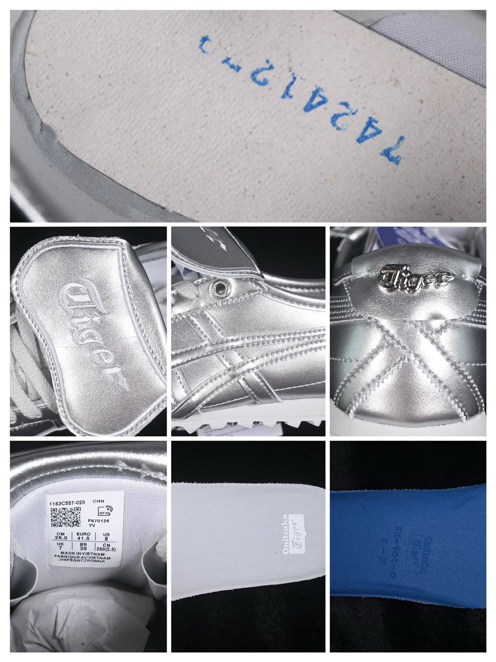 Product detail collage showing branding, stitching, labels, and an interior size label with EU 41.5 and style code 1183C557-020.