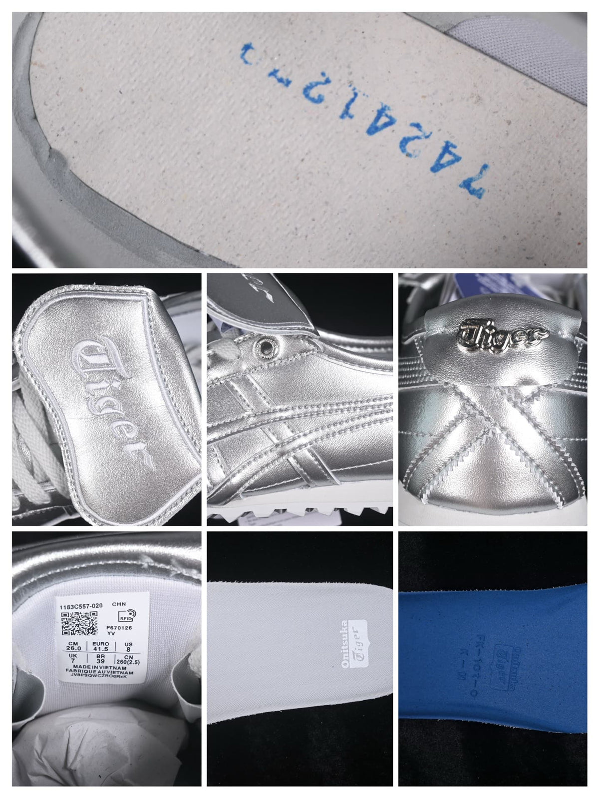 Product detail collage showing branding, stitching, labels, and an interior size label with EU 41.5 and style code 1183C557-020.