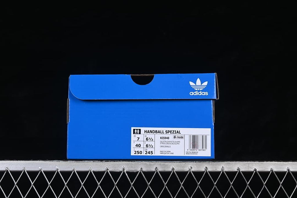Blue Adidas shoe box with a label showing Handball Spezial, KI5940, and size EU 40