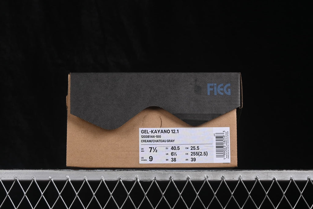 ASICS shoe box showing the Gel-Kayano 12.1 name, style code 1203B144-100, Cream/Chateau Gray color description, and sample size EU 40.5.