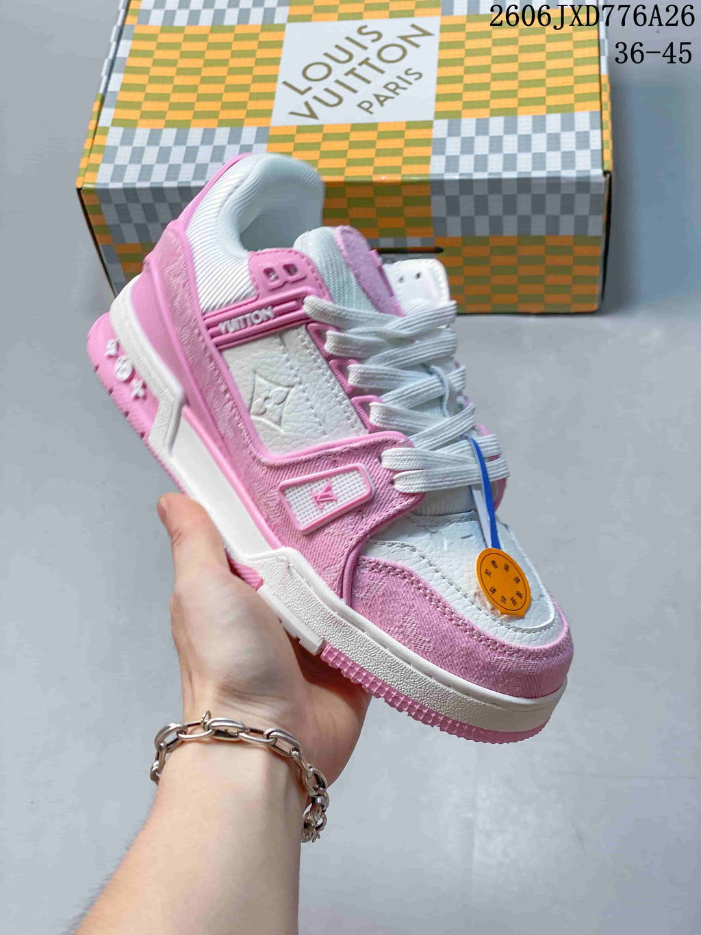 White and pink Louis Vuitton Trainer Low sneaker with layered panels