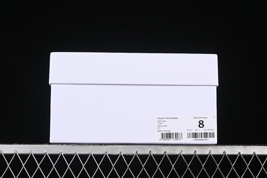 Shoe box label identifying Glacier Trail Sneaker, style code 7785M, color code 597, and men's size 8