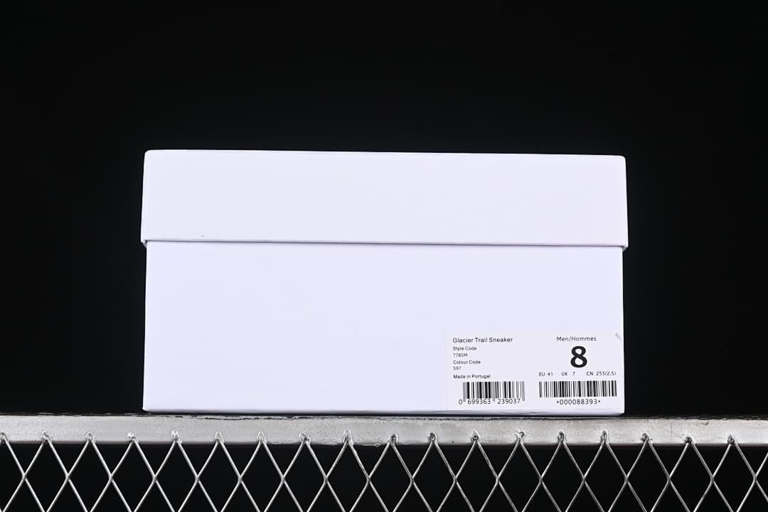 Shoe box label identifying Glacier Trail Sneaker, style code 7785M, color code 597, and men's size 8