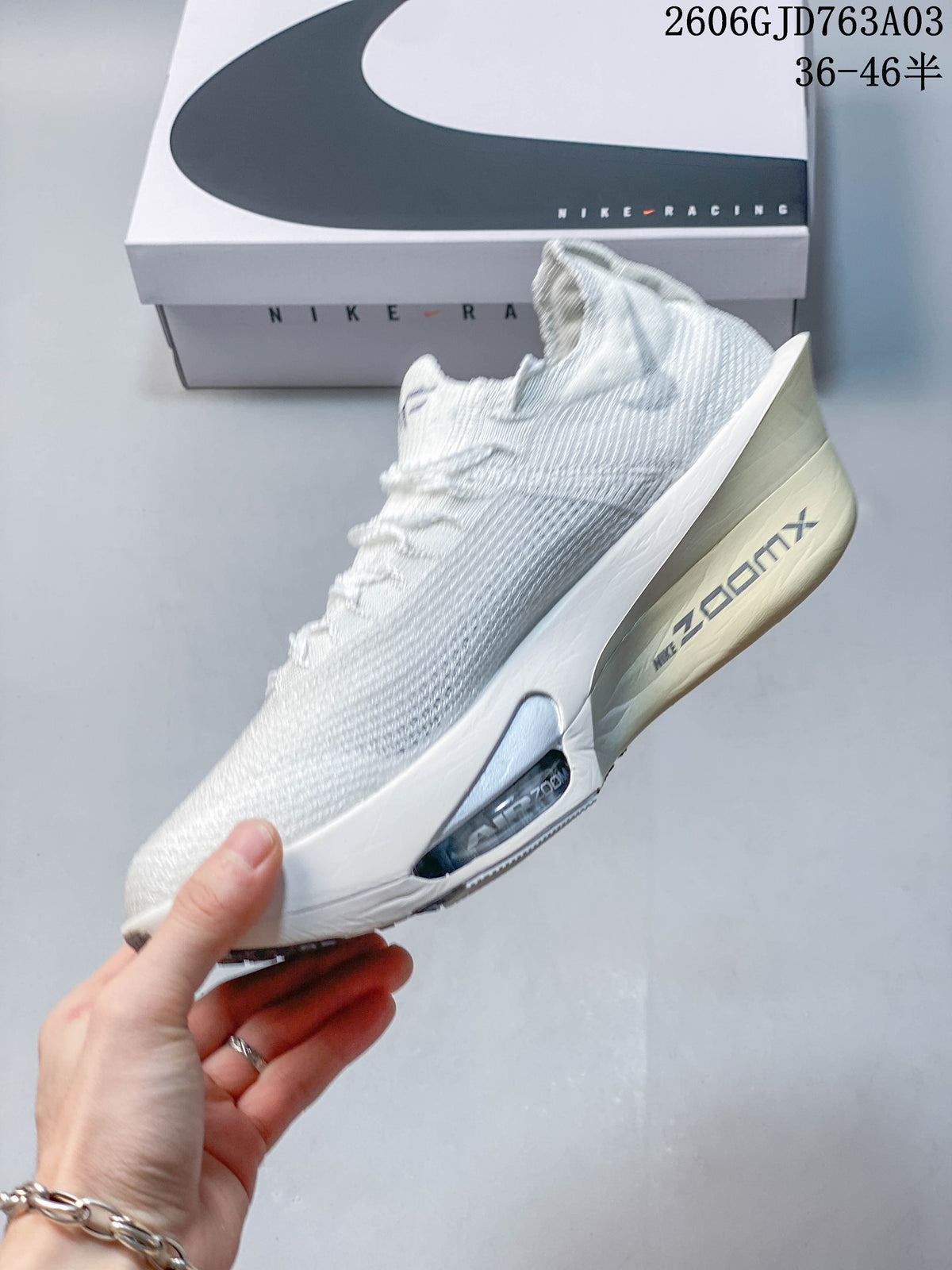 Side view of a Nike Alphafly 3 running shoe with a sculpted sole