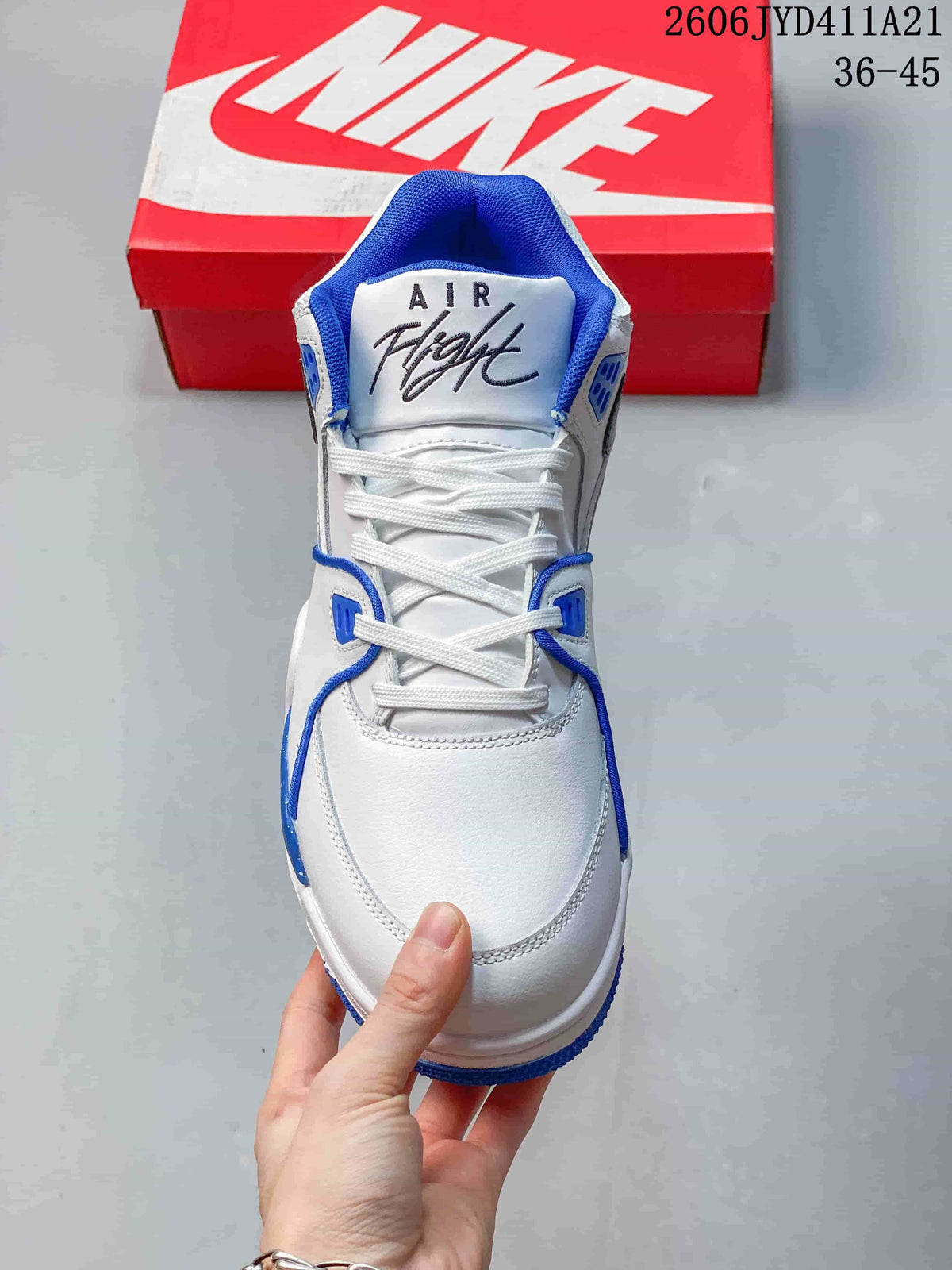 Front view showing laces, padded blue collar and Air Flight tongue branding