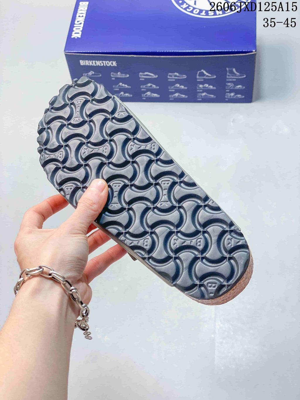 Close view of the sandal outsole with a repeating tread pattern