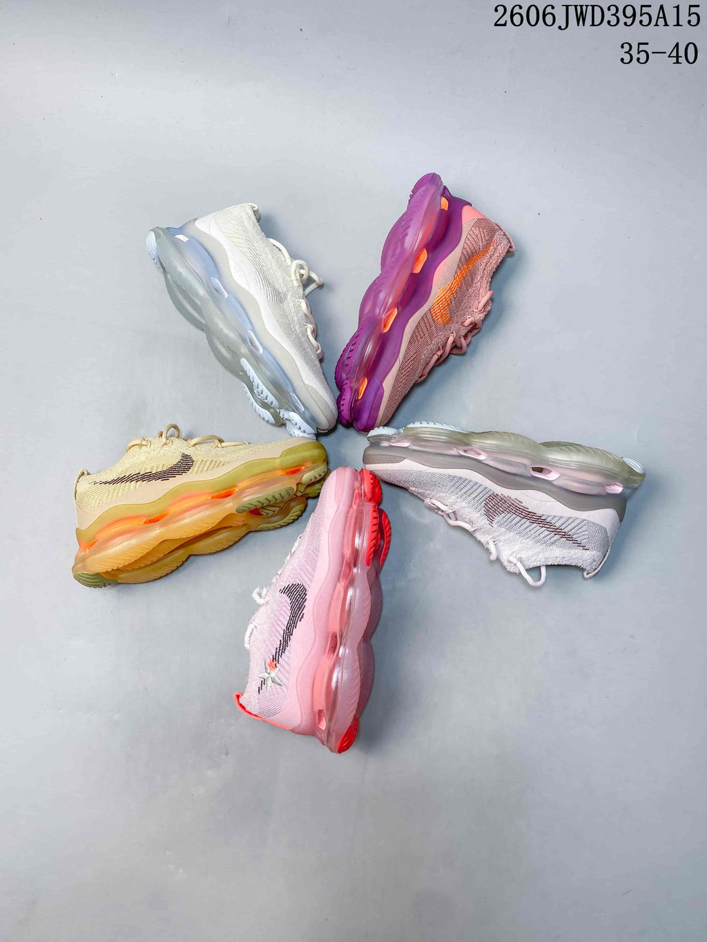 Overhead arrangement of five knit sneakers in cream, tan, pink, and pale tones; image also shows the text 35–40.