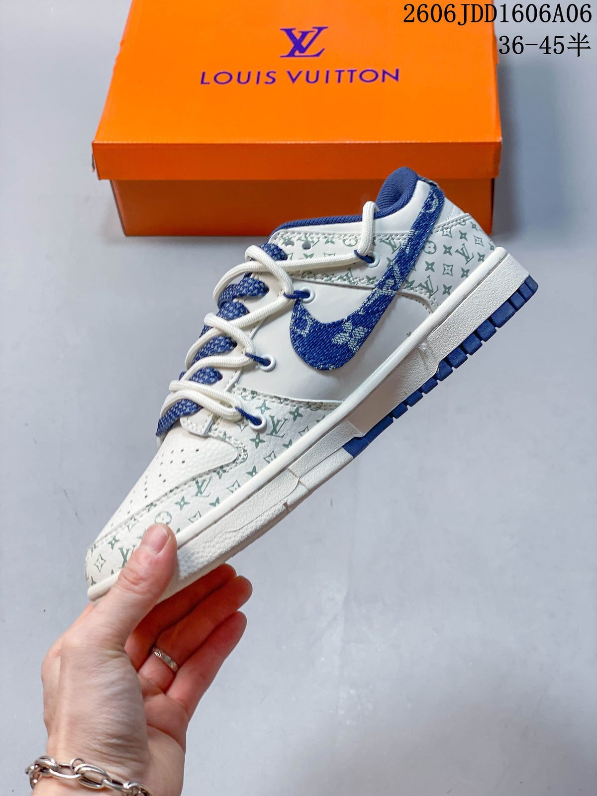 Side view of the low-top sneaker with a blue Swoosh and patterned overlays
