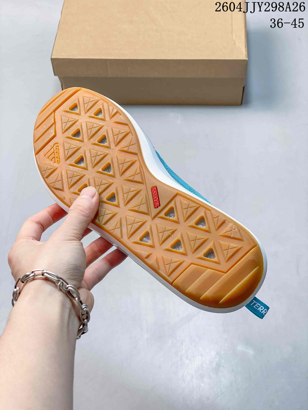 Gum-colored outsole with a geometric tread pattern
