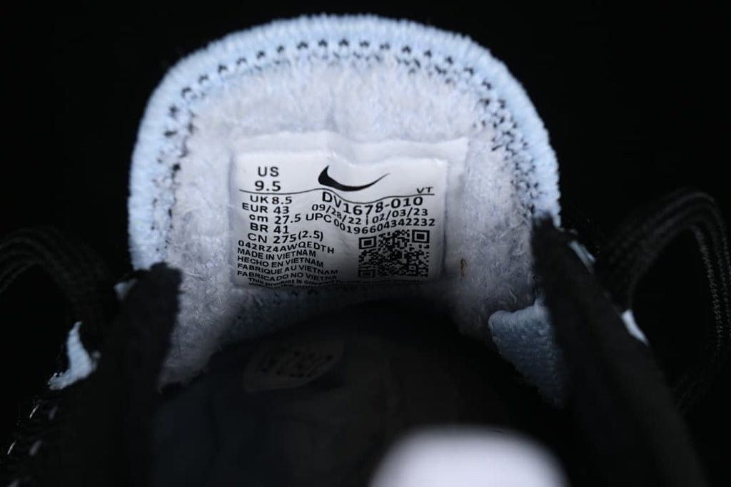 Interior shoe label showing sample size and style code DV1678-010.