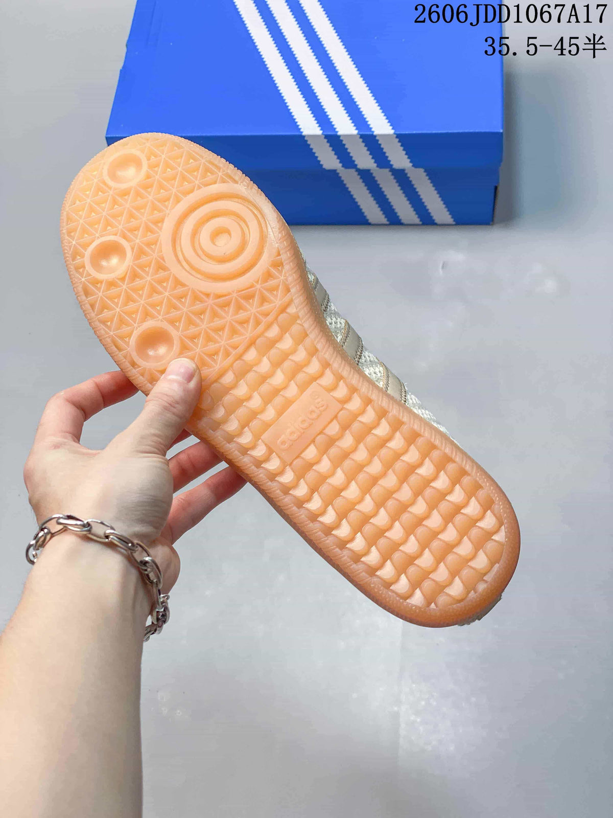 Close-up of the gum-colored outsole with patterned tread