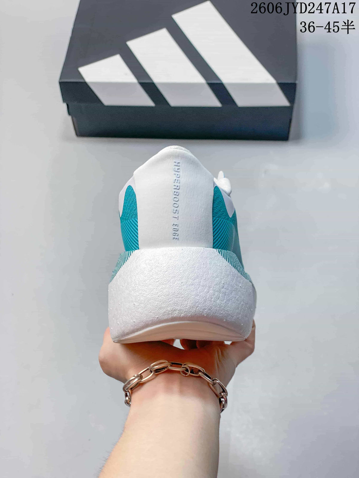 Rear view of a white and teal sneaker with HYPERBOOST EDGE text on the heel