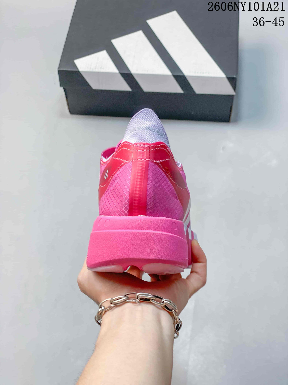 Rear view of the pink shoe and sculpted heel