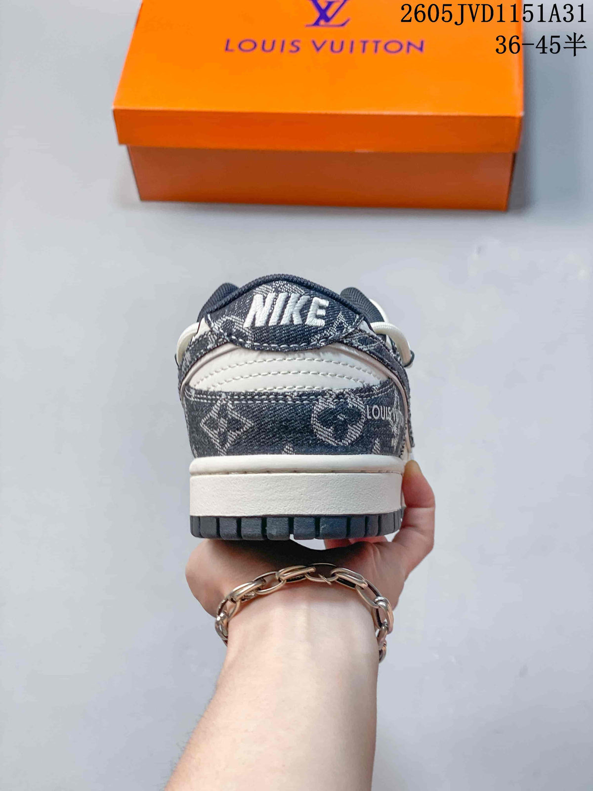 Rear view of a sneaker with patterned heel panels and white midsole