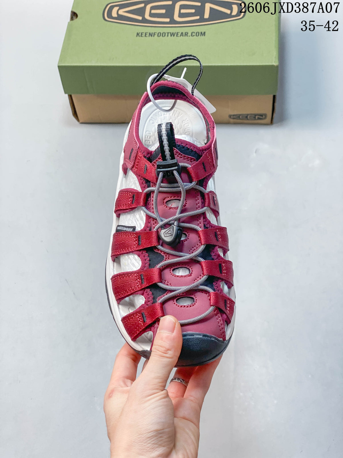 Top view of the sandal showing its open strap layout and toggle-laced cord.