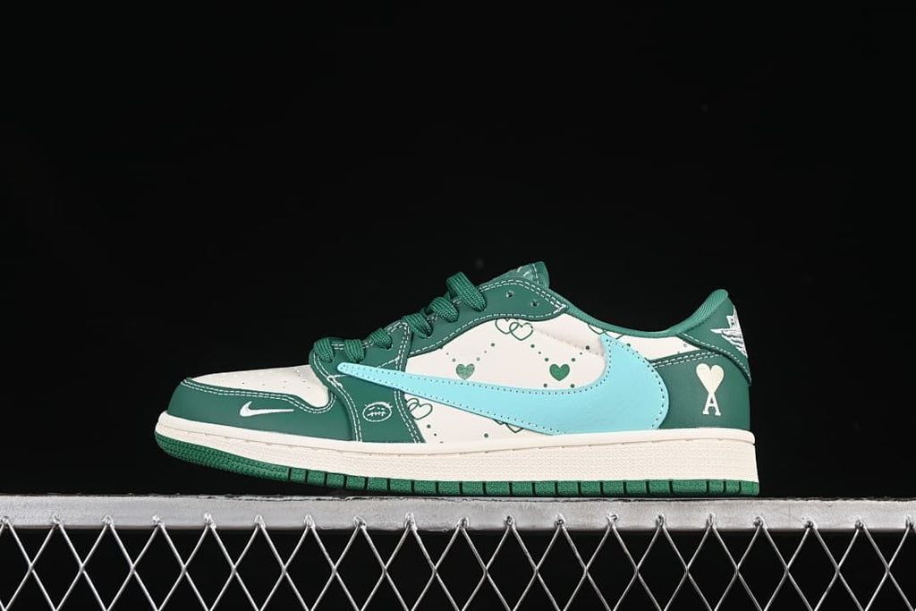 Side view of a green and off-white low-top sneaker with a light blue Swoosh and heart graphics