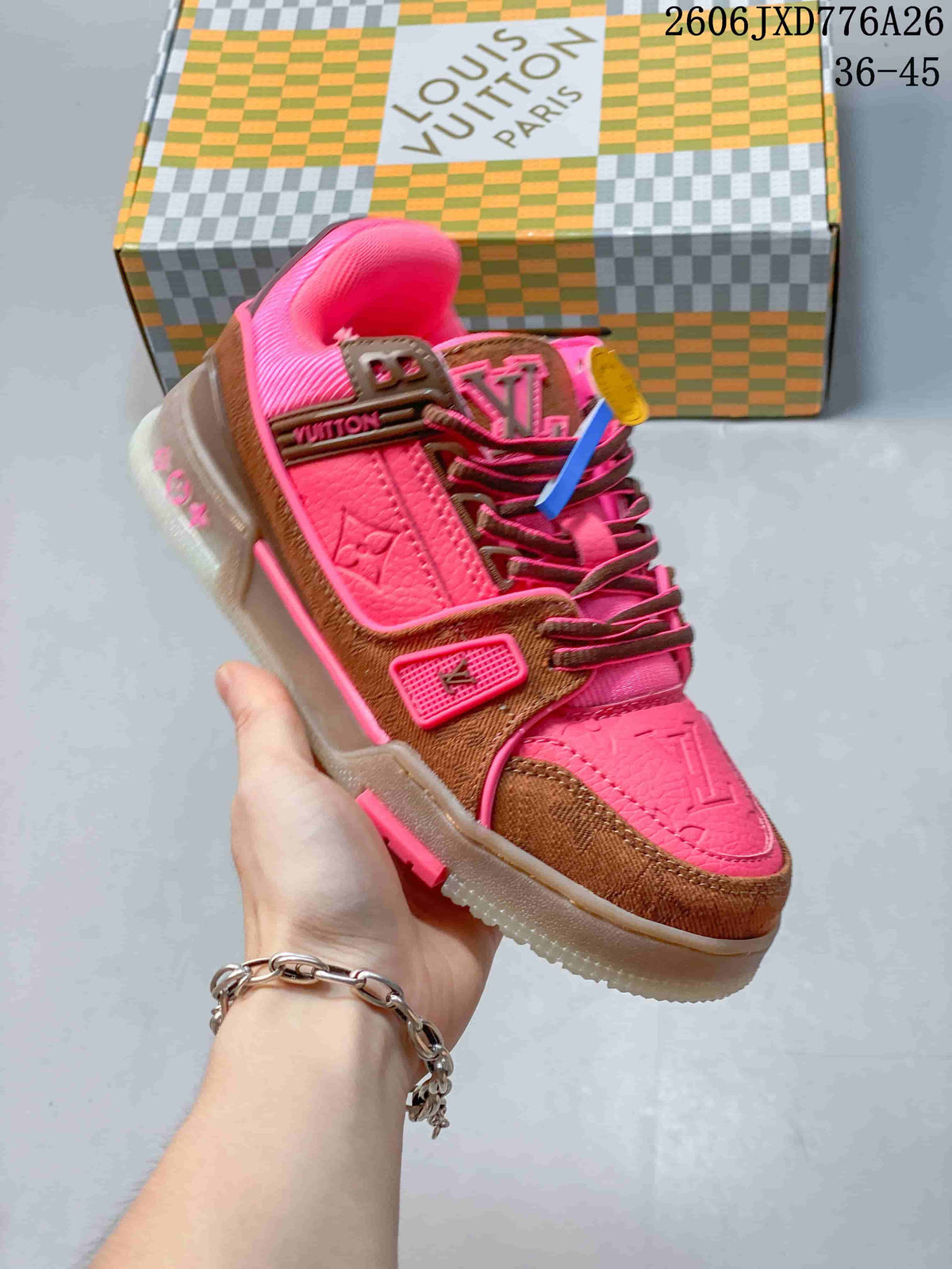Bright pink and brown Louis Vuitton Trainer Low sneaker with contrasting laces