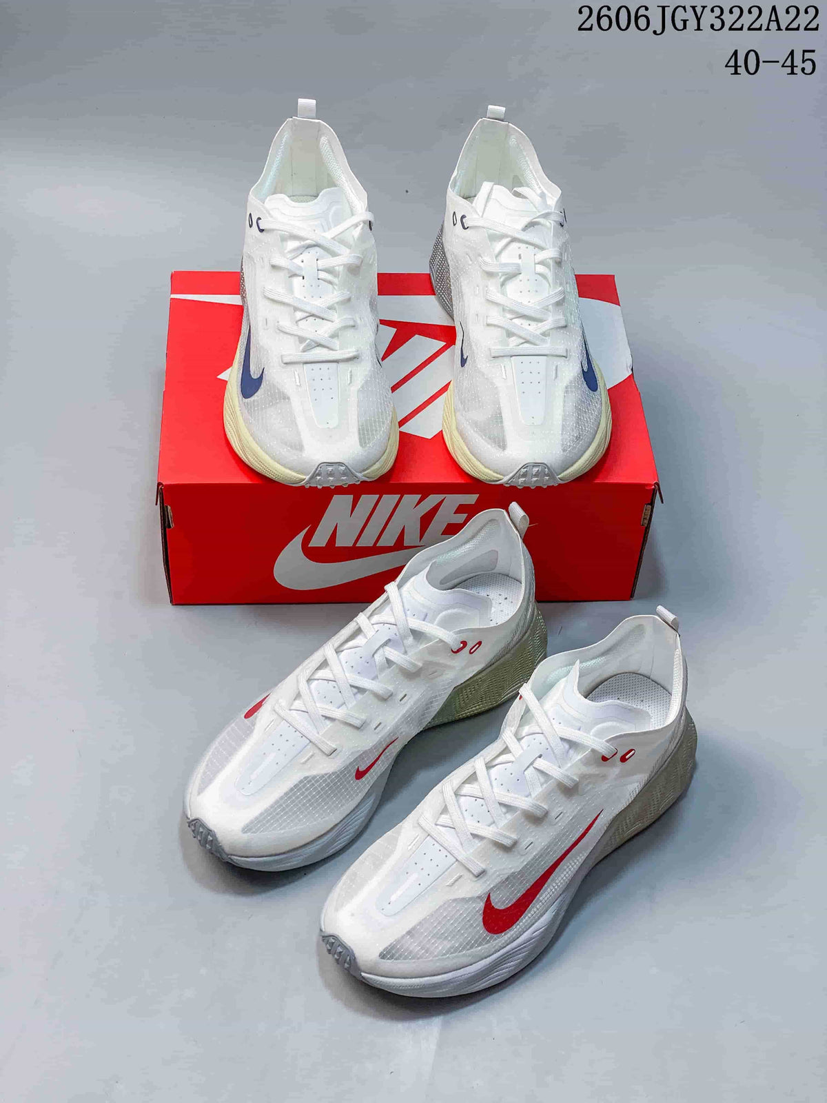 White Nike Ava X shoes with blue and red Swoosh accents, shown from several angles.