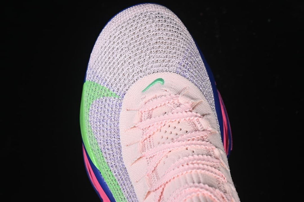 Top-down close-up of the knit-look toe and lacing