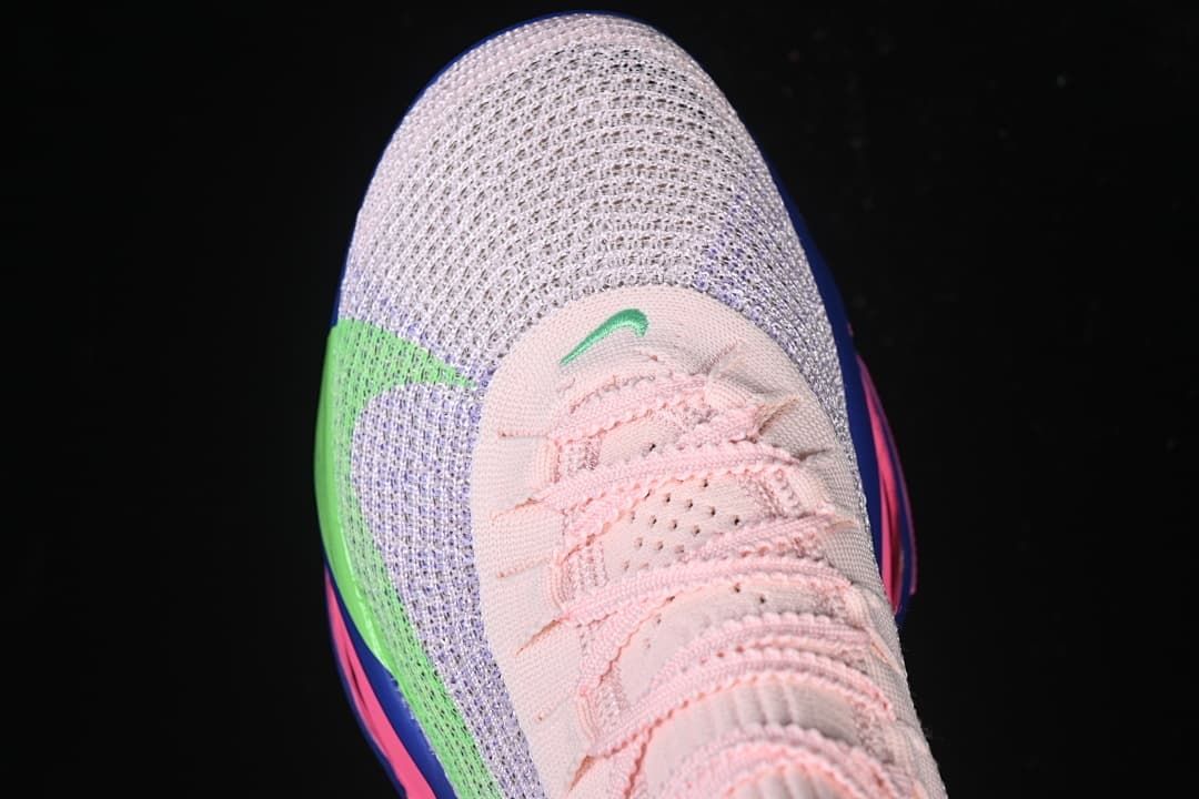 Top-down close-up of the knit-look toe and lacing