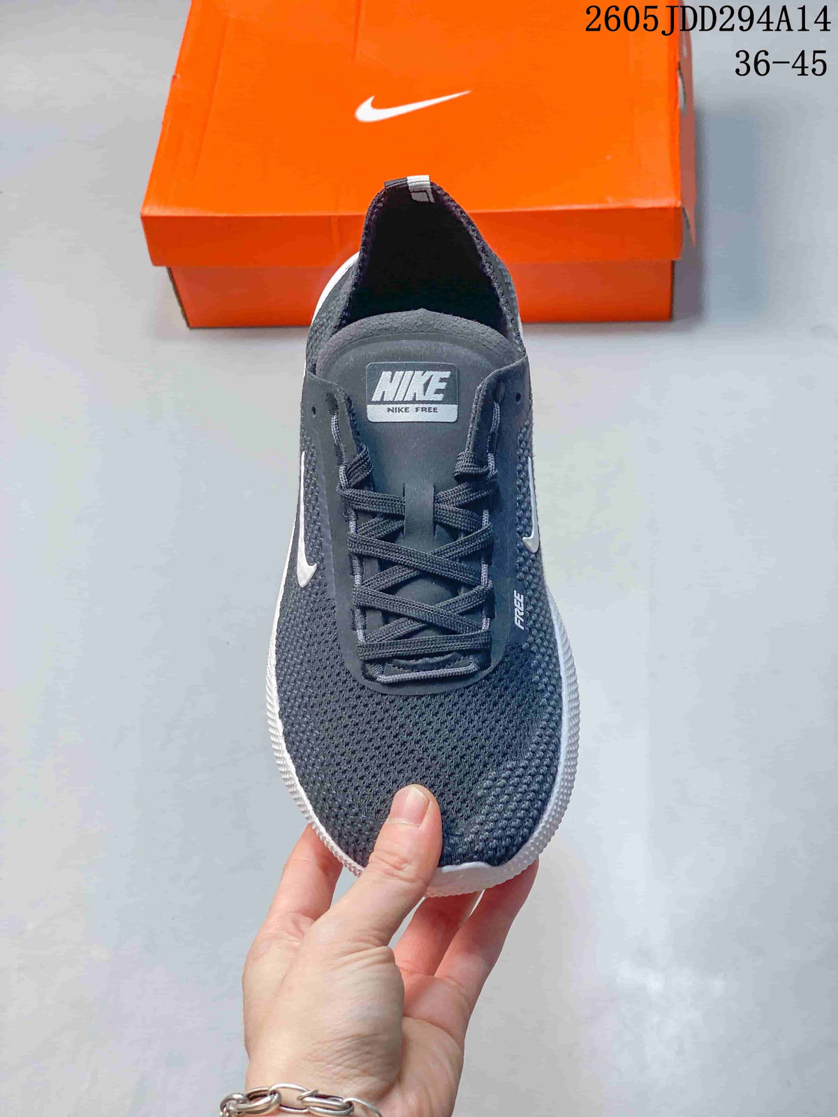 Top view of a charcoal Nike Free shoe with laces and a knit-textured upper