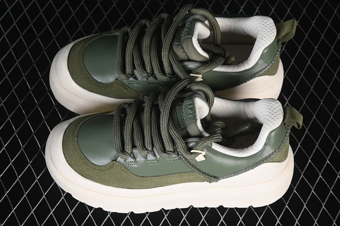 Pair of green UGG sneakers shown from above and the side
