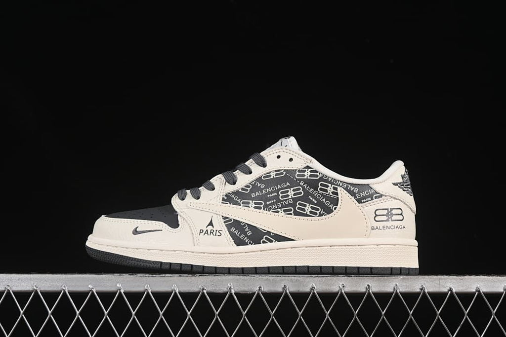Side view of an off-white and black low-top sneaker with printed side panels and visible Nike, Paris and Balenciaga graphics.