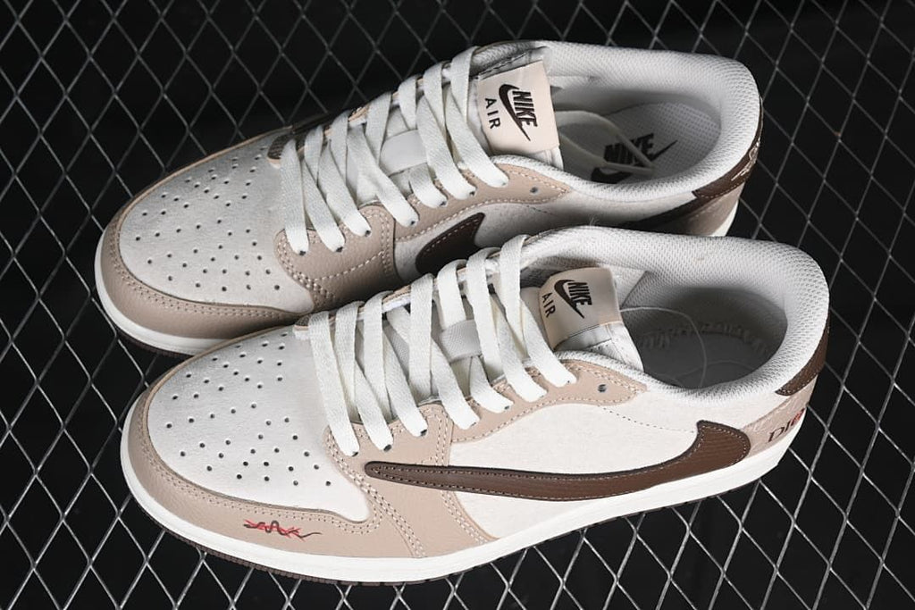 Overhead view of the pair showing the beige, off-white, and brown color blocking.