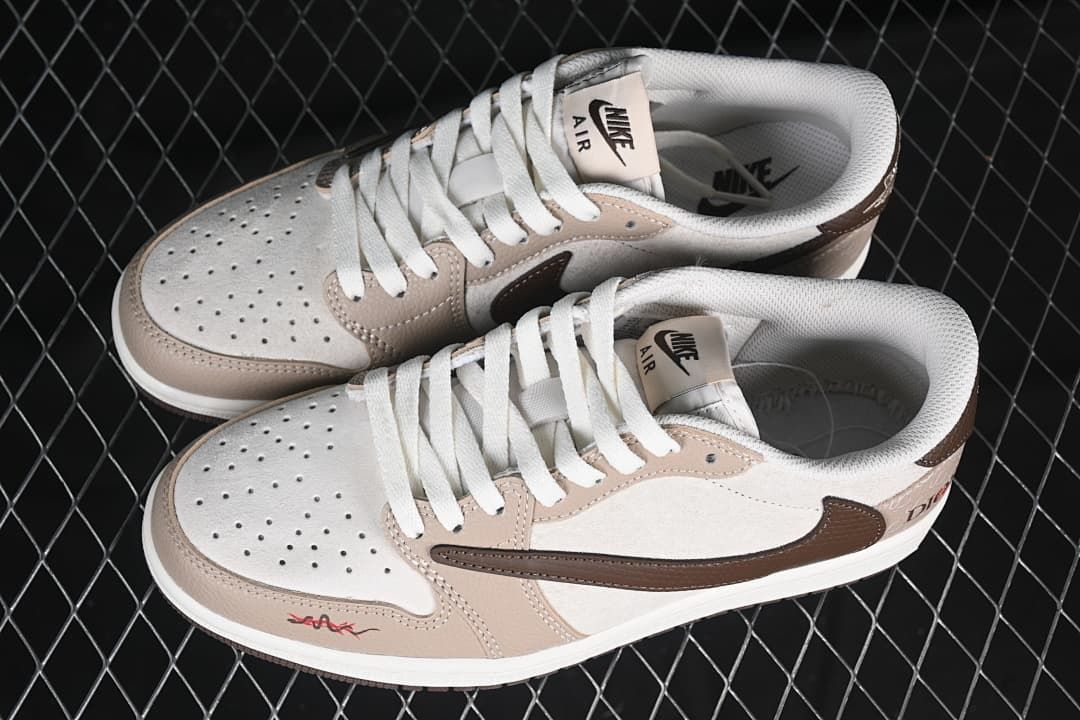 Overhead view of the pair showing the beige, off-white, and brown color blocking.