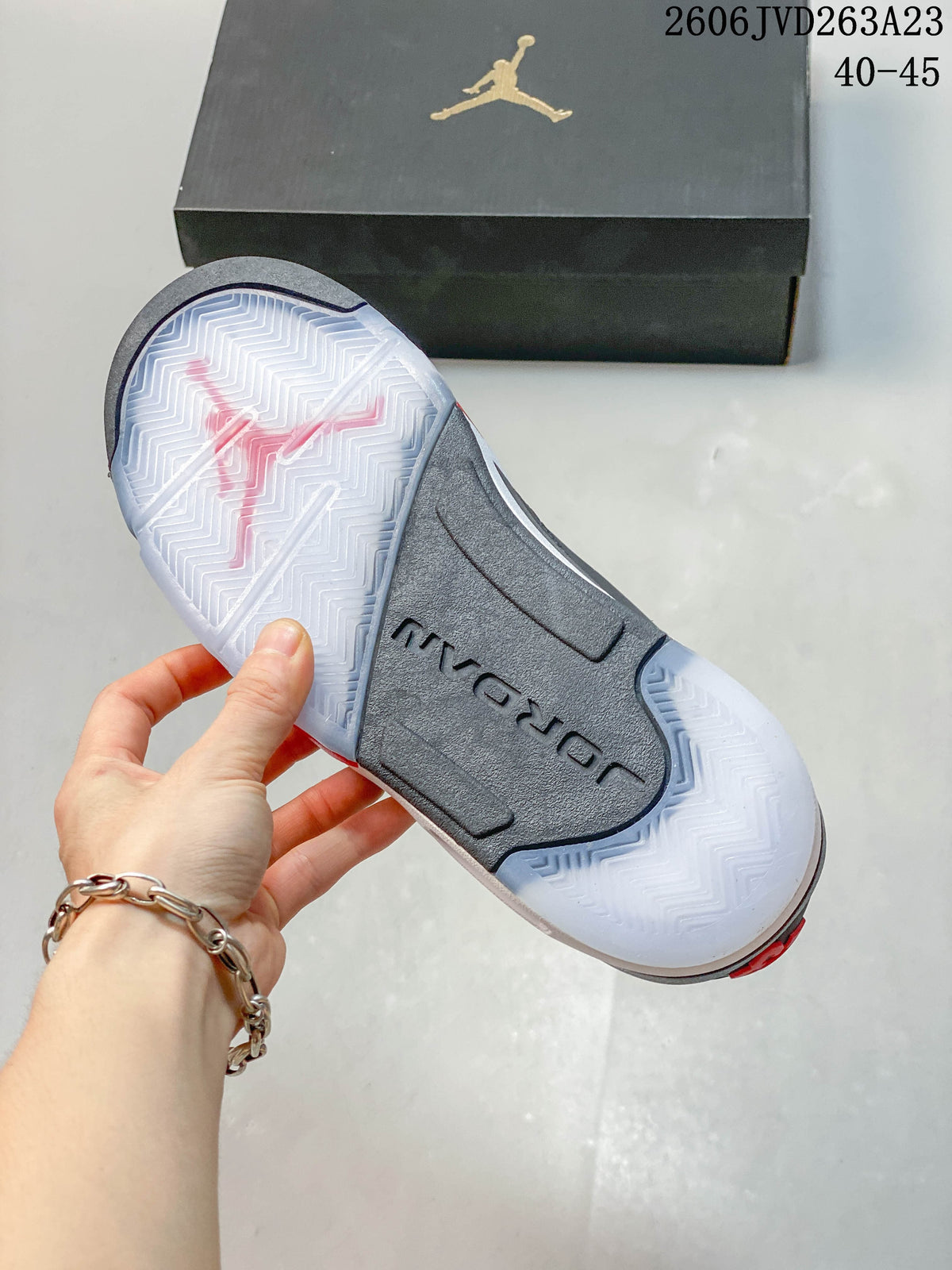 Close-up of the Jordan shoe outsole with a herringbone-style tread pattern.