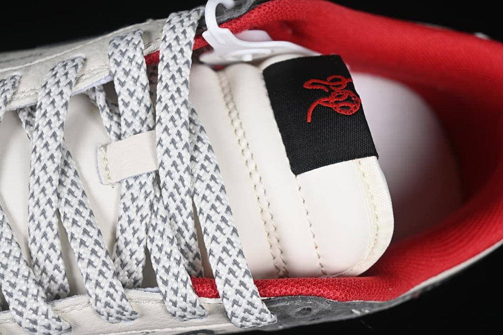 Close-up of the tongue, laces, and red shoe lining