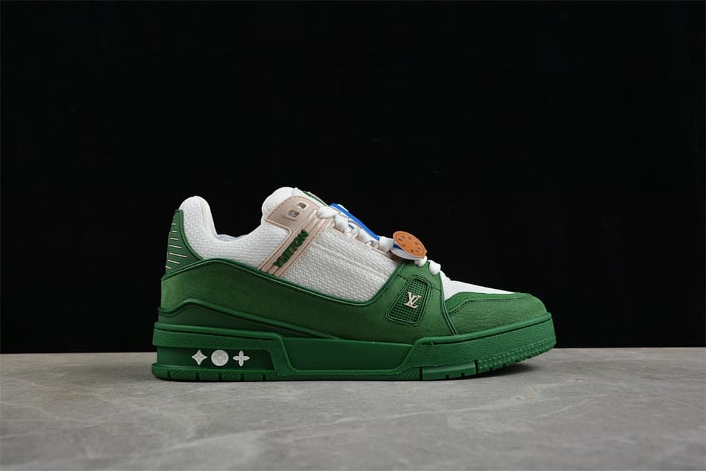 Side view highlighting the green panels and white upper