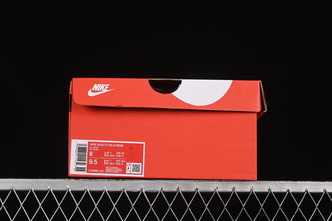 Box label for Nike ReactX Rejuven8, style HV5060-101, with sample size information