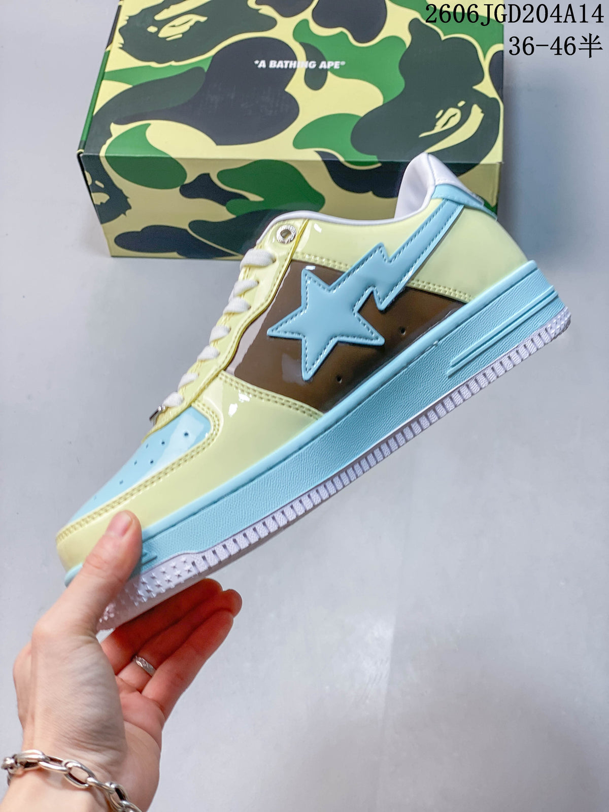 Side profile of a BAPE STA sneaker with glossy brown panel and pale blue star detail