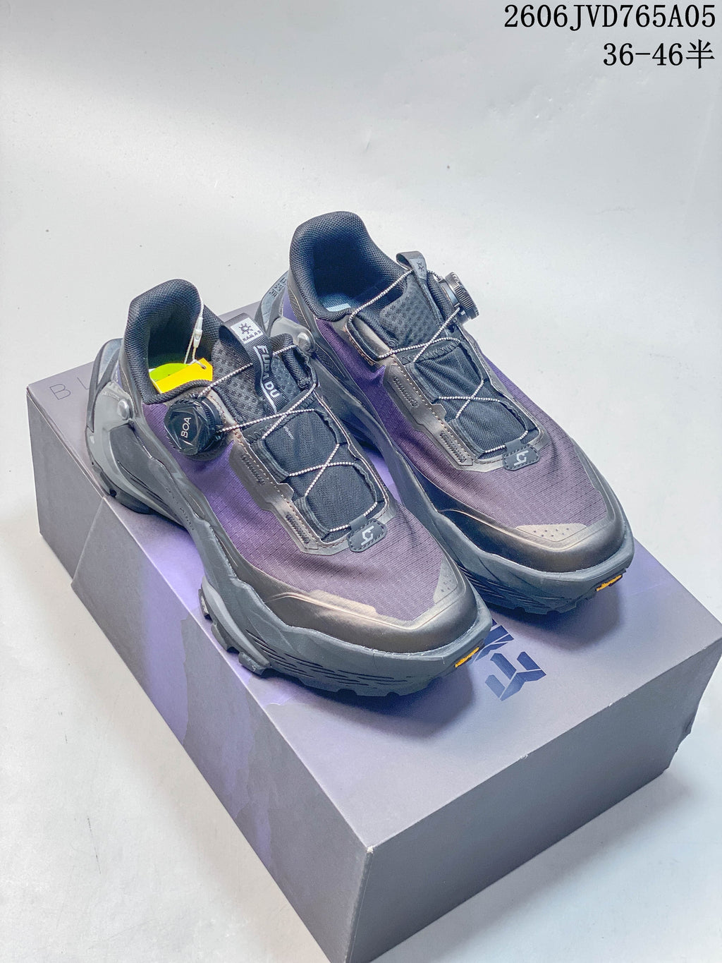 Pair of purple and gray KAILAS FUGA EX3 BOA trail shoes with dial closures