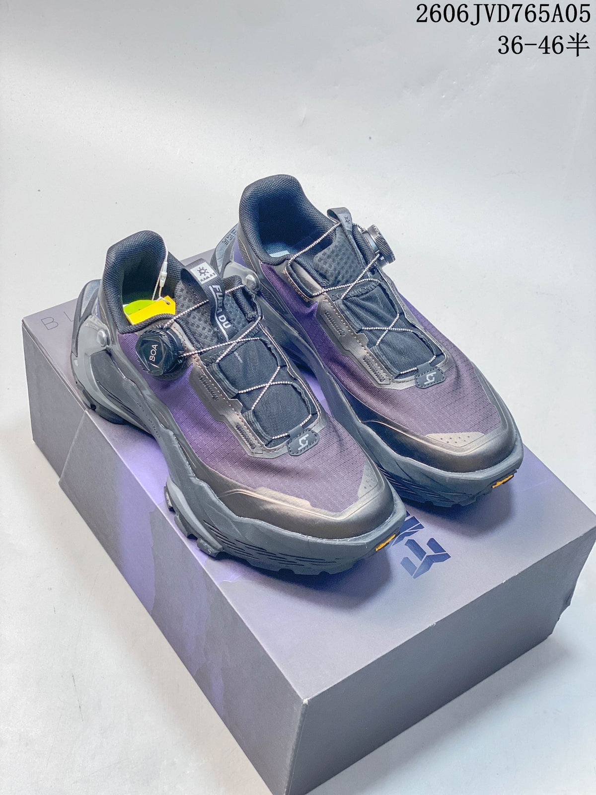 Pair of purple and gray KAILAS FUGA EX3 BOA trail shoes with dial closures