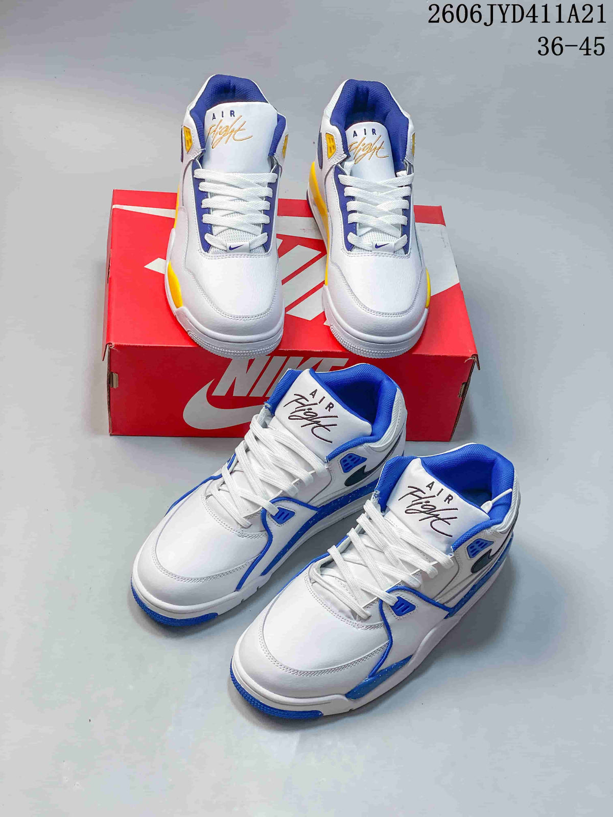 Nike Flight Legacy sneakers shown in white with blue and yellow accents and in a blue-accented variation