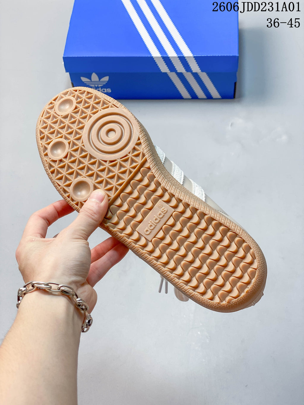 Close-up of the gum-colored tread on an Adidas Samba OG sneaker