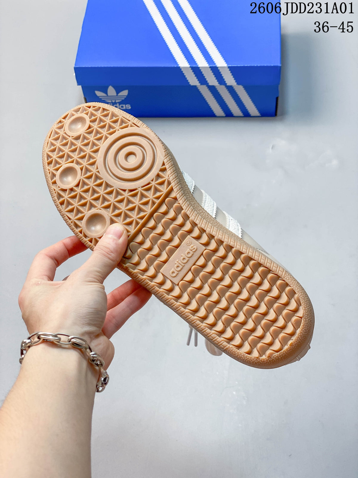 Close-up of the gum-colored tread on an Adidas Samba OG sneaker