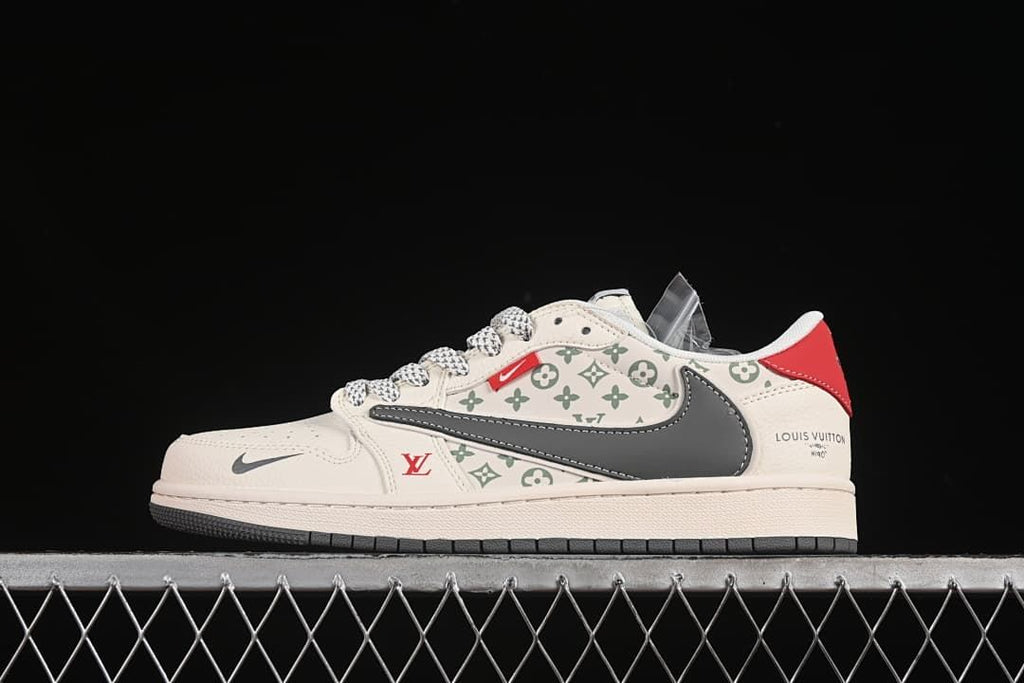 Side view of an off-white low-top sneaker with a gray Swoosh, green patterned panels, and red heel accent.
