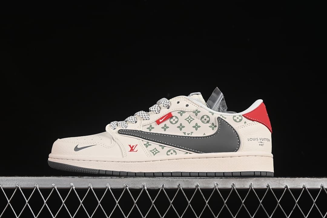 Side view of an off-white low-top sneaker with a gray Swoosh, green patterned panels, and red heel accent.