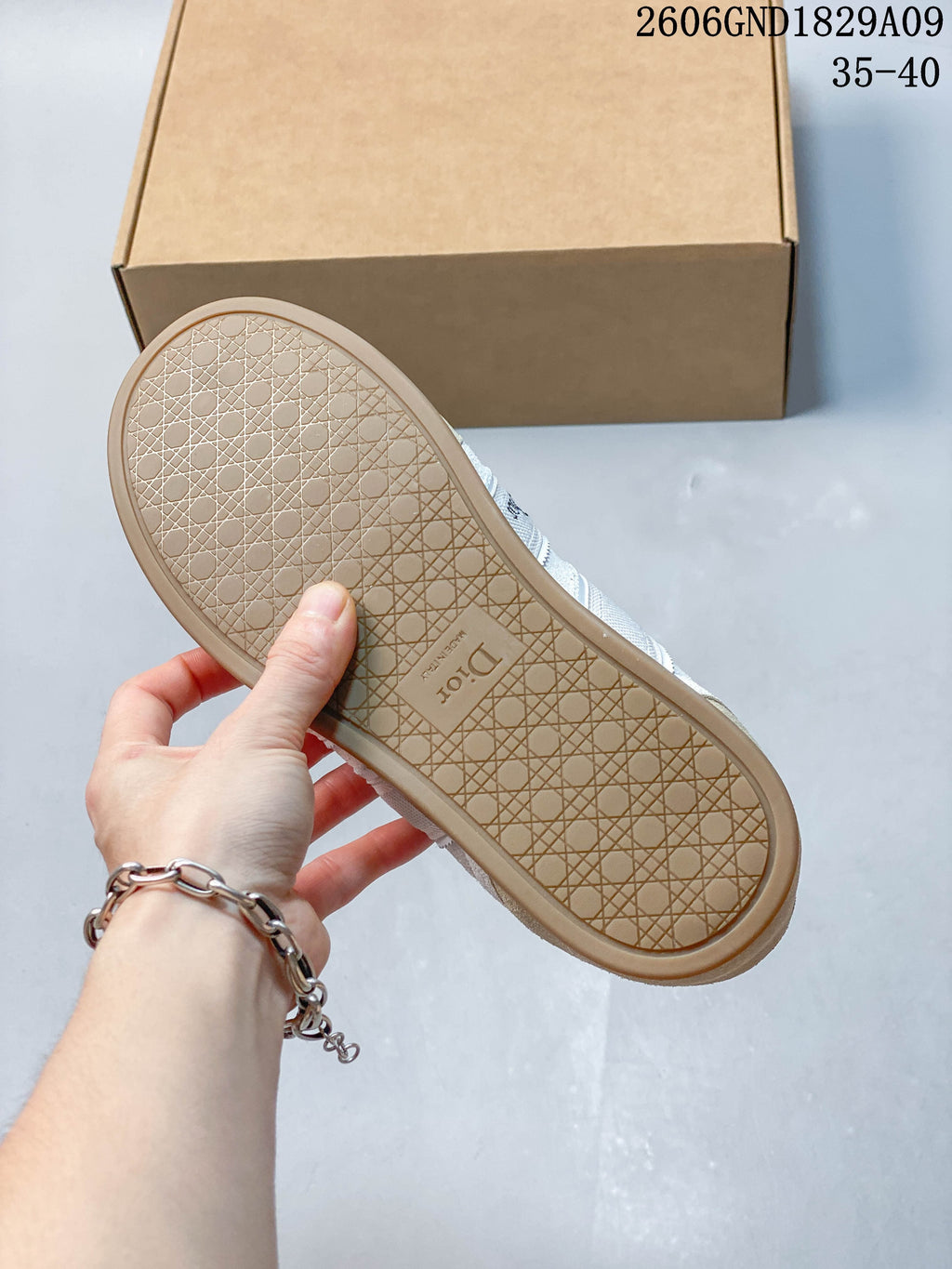 Close-up of the patterned gum-colored sneaker outsole