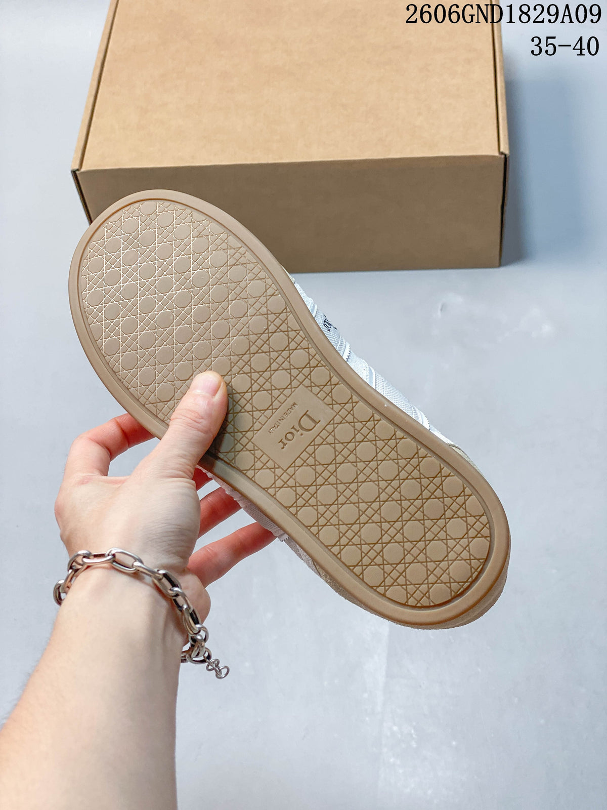 Close-up of the patterned gum-colored sneaker outsole